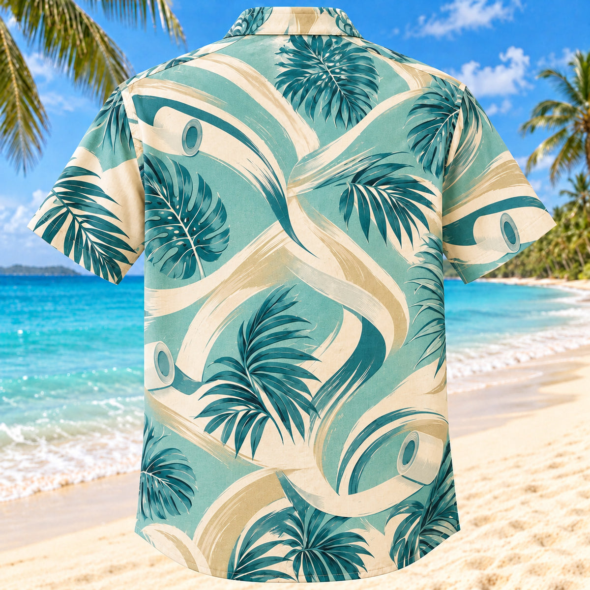 Back view of Movement Coast Aqua Sand Athletic Trainer Hawaiian Shirt on a Hawaiian beach with fine white or light yellow sand and no dark rocks