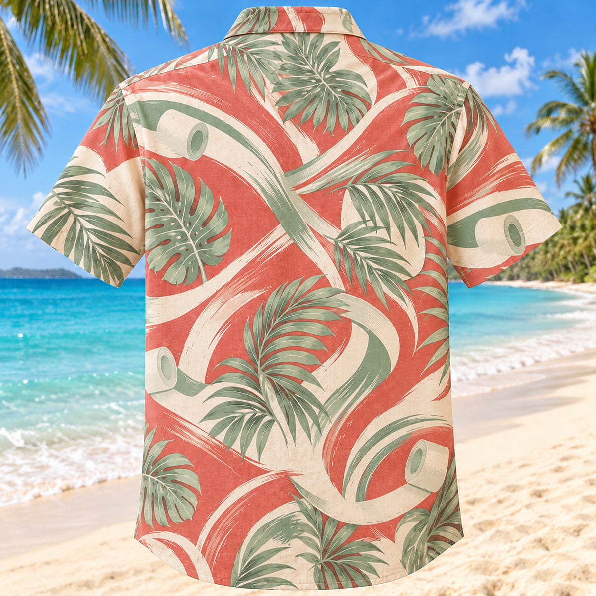 Back view of Movement Coast Coral Sage Athletic Trainer Hawaiian Shirt with matching artwork in soft coral, sage, cream
