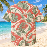 Back view of Movement Coast Coral Sage Athletic Trainer Hawaiian Shirt with matching artwork in soft coral, sage, cream