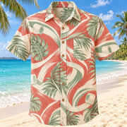Front view of Movement Coast Coral Sage Athletic Trainer Hawaiian Shirt with original abstract movement arcs, generic tape and tropical leaves without team marks