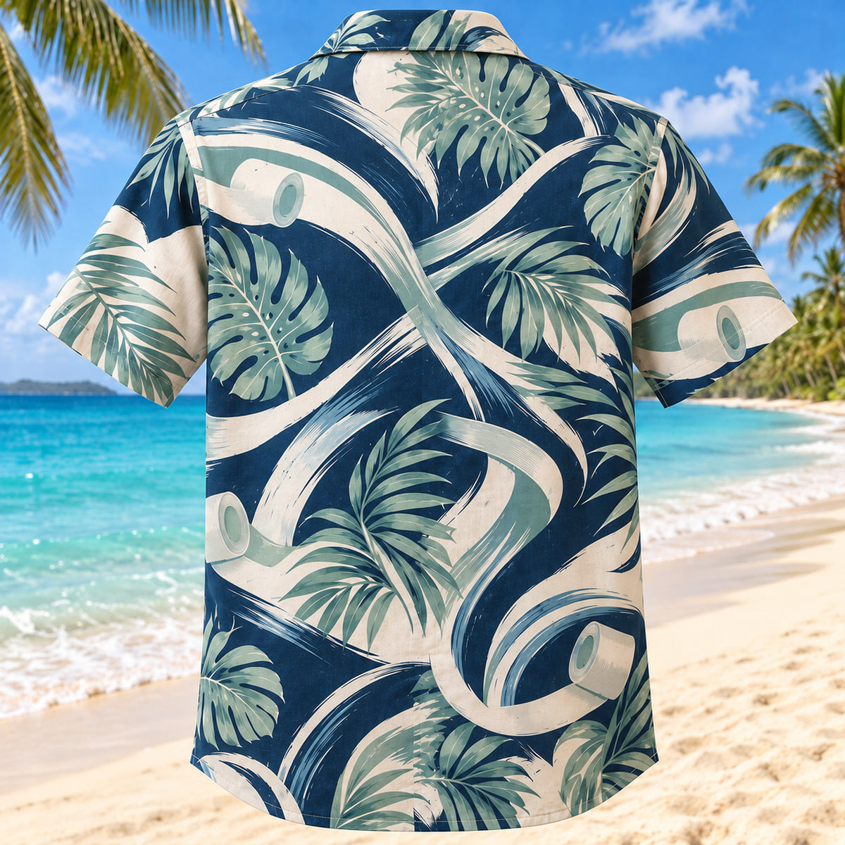 Back view of Movement Coast Navy Cream Athletic Trainer Hawaiian Shirt with matching artwork in navy, warm ivory, pale seafoam