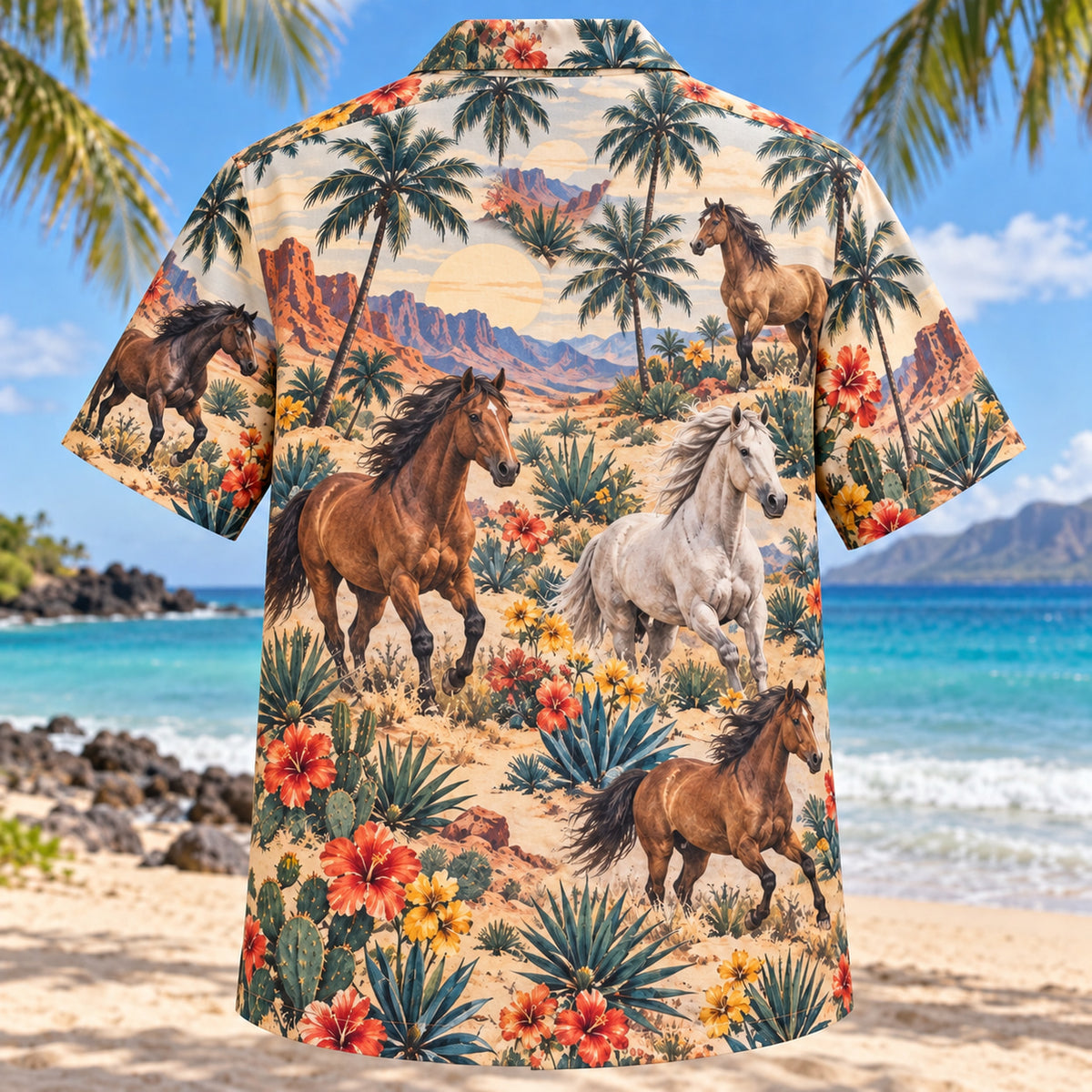 Back view of Mustang Desert Bloom Horse Hawaiian Shirt with matching artwork in sand, coral, olive