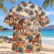 Back view of Mustang Desert Bloom Horse Hawaiian Shirt with matching artwork in sand, coral, olive