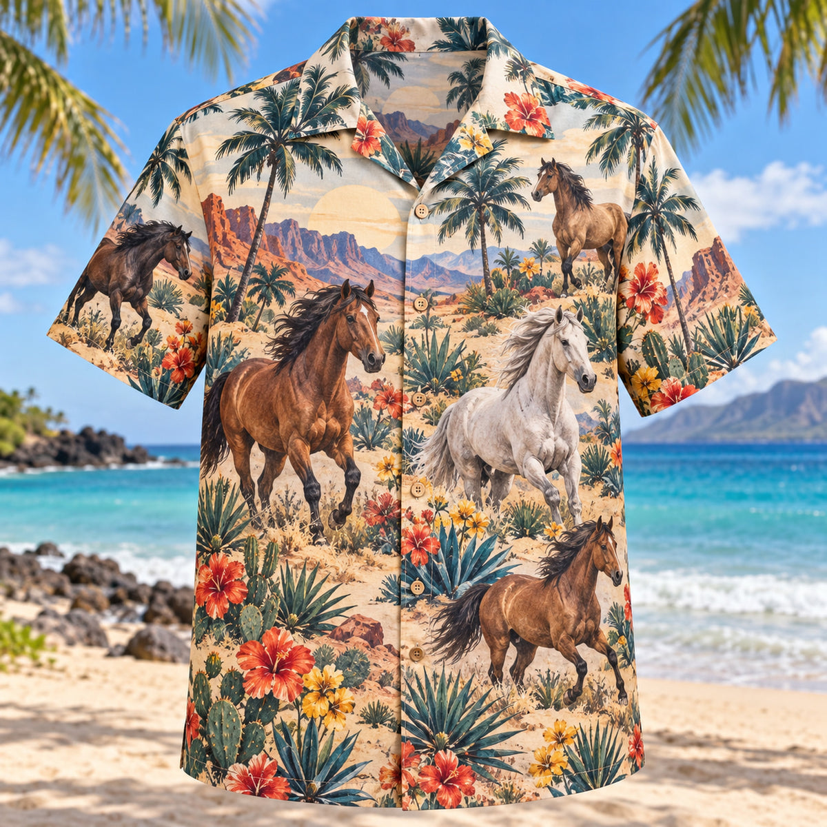 Front view of Mustang Desert Bloom Horse Hawaiian Shirt with wild mustangs among desert blooms and palm silhouettes