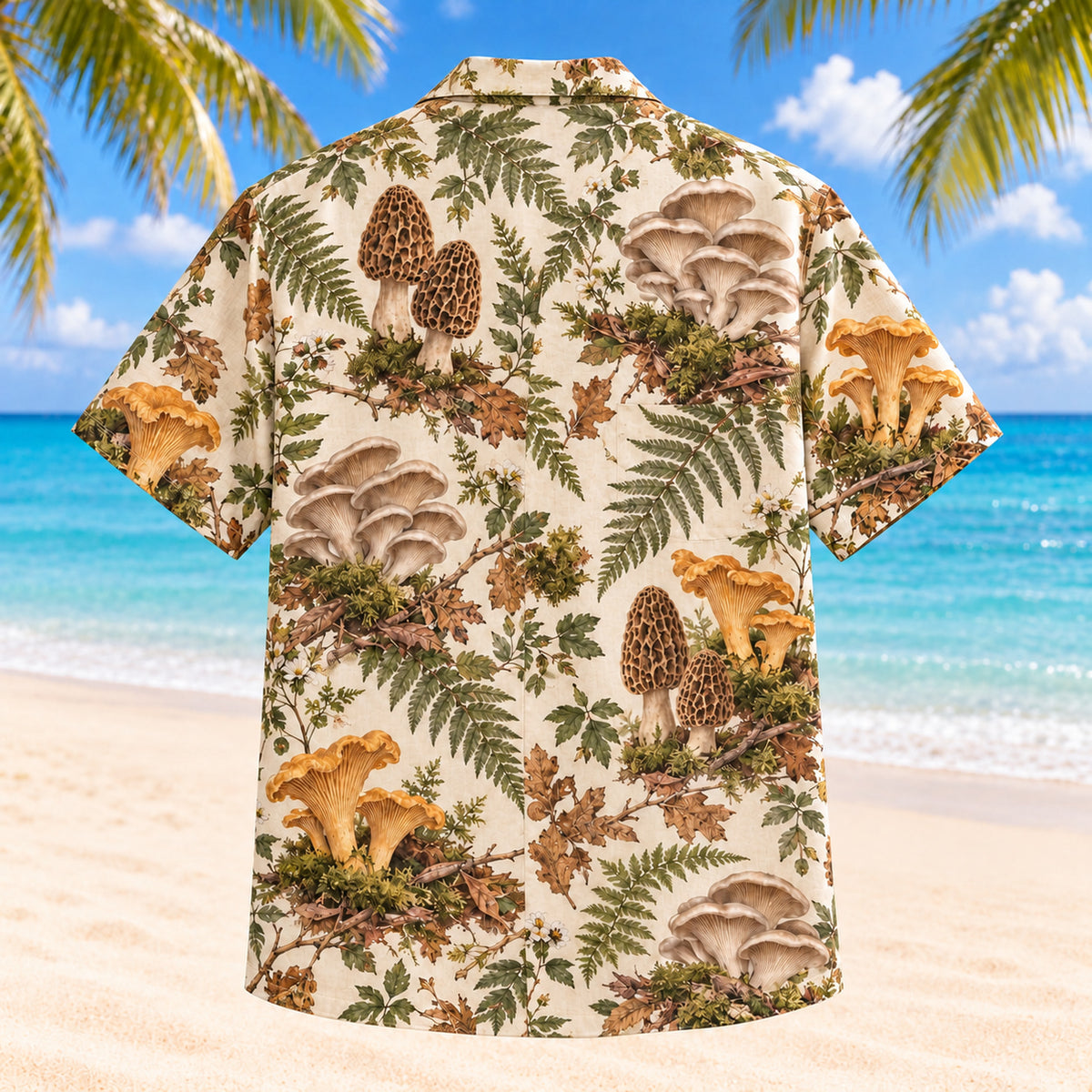 Back view of Mycology Field Study Hawaiian Shirt with mushrooms and ferns