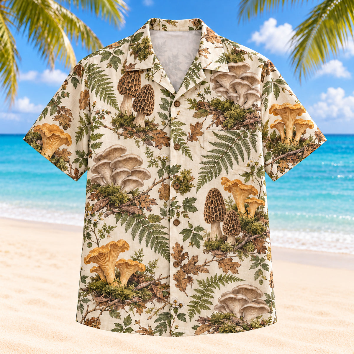 Front view of Mycology Field Study Hawaiian Shirt with mushrooms and ferns