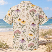Back view of Native Meadow Hawaiian Shirt with coneflowers, black-eyed Susans, milkweed and asters