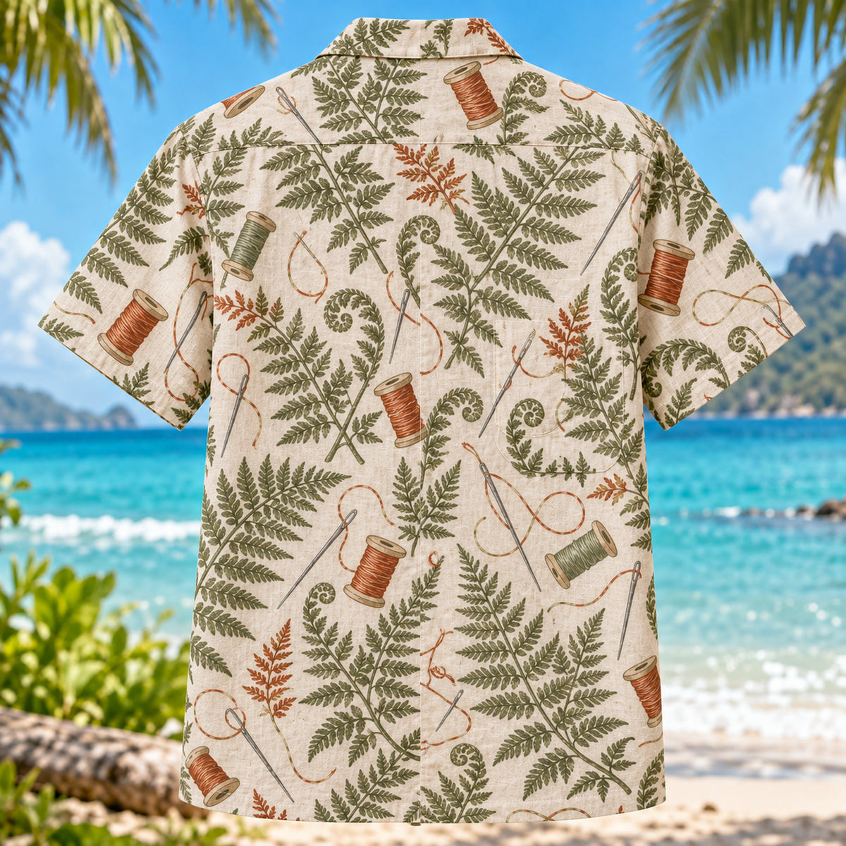 Back view of Needle Fern Sewing and Quilting Hawaiian Shirt with matching artwork in sage, ivory, rust