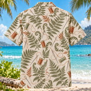 Back view of Needle Fern Sewing and Quilting Hawaiian Shirt with matching artwork in sage, ivory, rust
