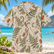 Front view of Needle Fern Sewing and Quilting Hawaiian Shirt with sewing needles and thread among fern leaves