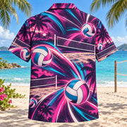 Back view of Neon Burst Beach Volleyball Hawaiian Shirt with matching beach volleyball artwork in dark plum, hot pink, cyan, warm white