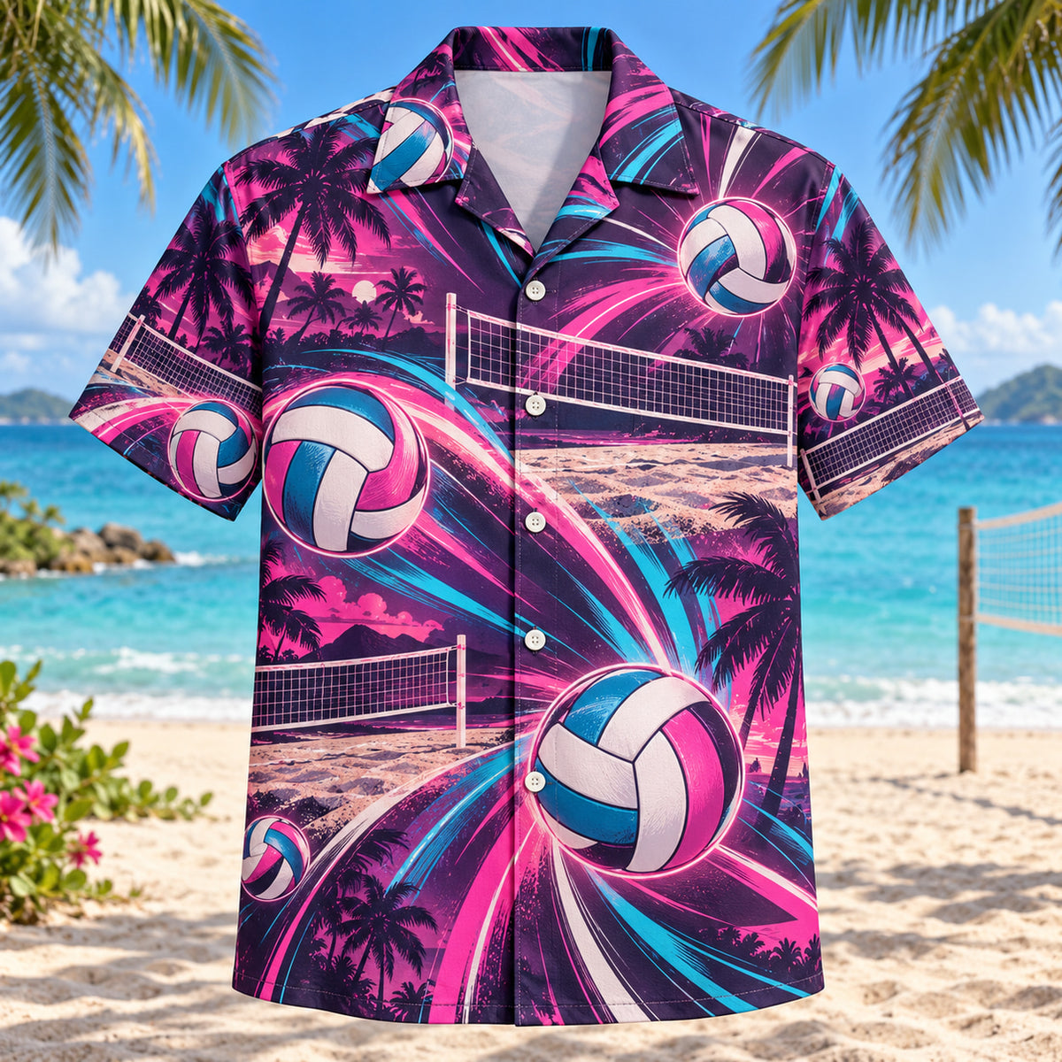 Front view of Neon Burst Beach Volleyball Hawaiian Shirt with radiating neon flashes, dynamic curves and generic paneled volleyballs, beach volleyball nets and sand-court lines