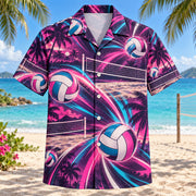 Front view of Neon Burst Beach Volleyball Hawaiian Shirt with radiating neon flashes, dynamic curves and generic paneled volleyballs, beach volleyball nets and sand-court lines