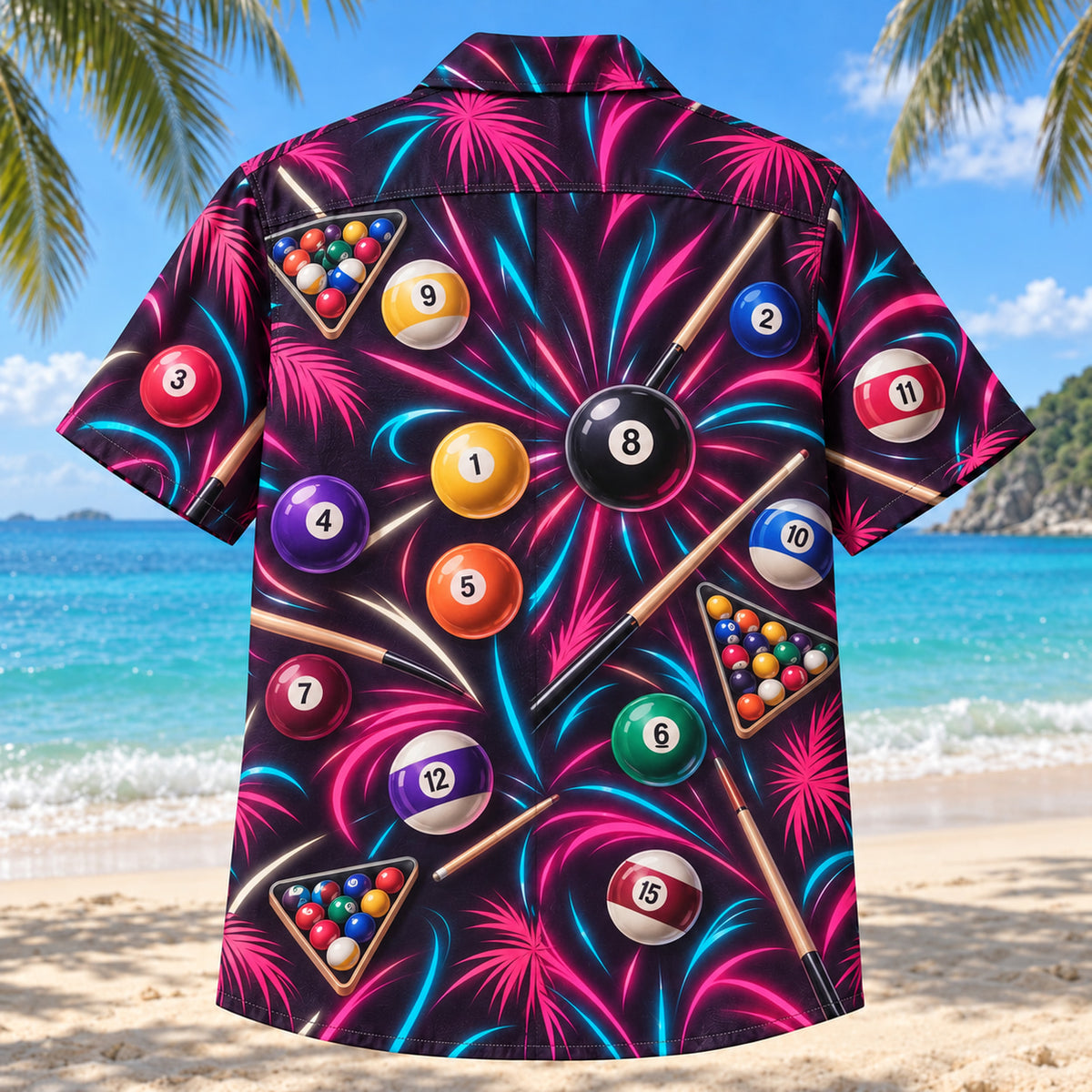 Back view of Neon Burst Billiards Hawaiian Shirt with matching billiards artwork in dark plum, hot pink, cyan, warm white