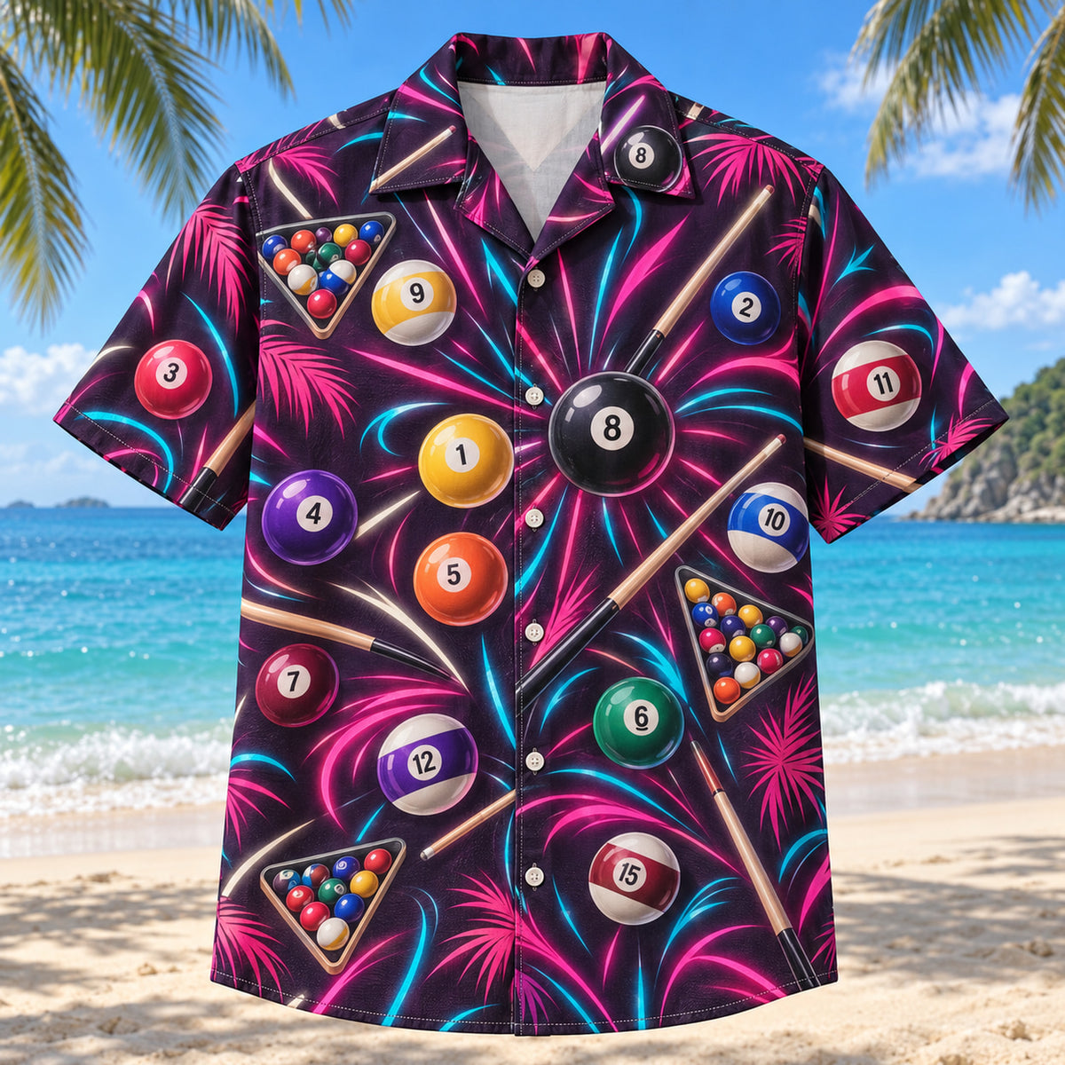 Front view of Neon Burst Billiards Hawaiian Shirt with radiating neon flashes, dynamic curves and numbered pool balls, plain cue sticks and simple racking triangles