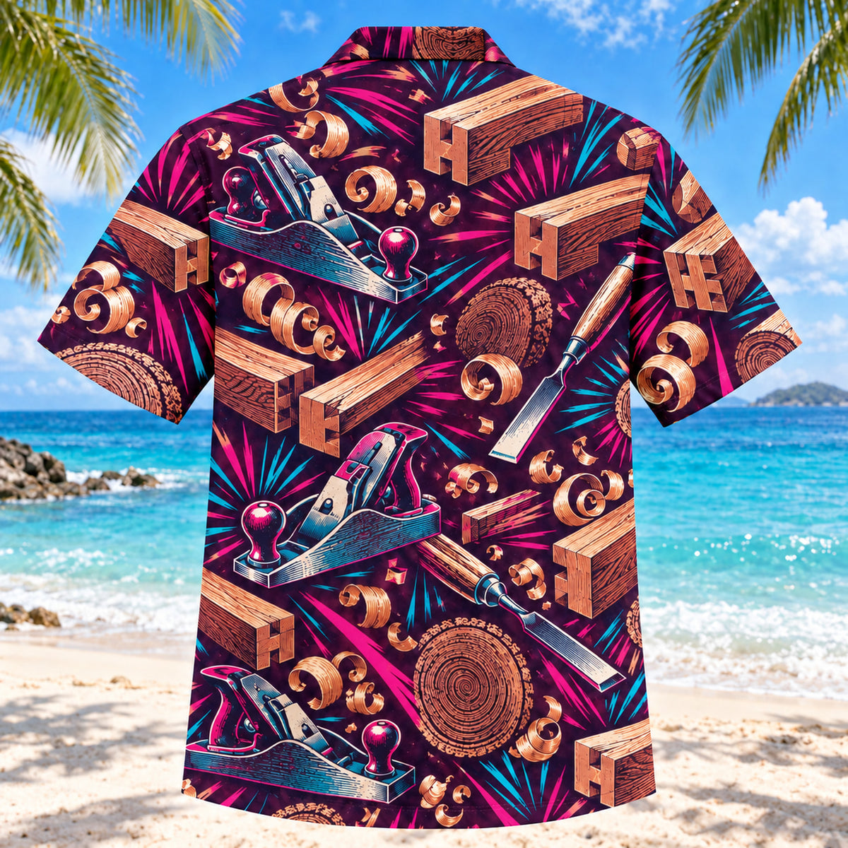 Back view of Neon Burst Carpenter Hawaiian Shirt with matching carpenter artwork in dark plum, hot pink, cyan, warm white