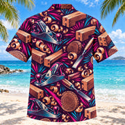 Back view of Neon Burst Carpenter Hawaiian Shirt with matching carpenter artwork in dark plum, hot pink, cyan, warm white