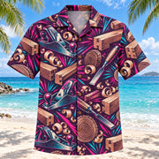 Front view of Neon Burst Carpenter Hawaiian Shirt with radiating neon flashes, dynamic curves and vintage hand planes, chisels, wood joints, shavings and original wood grain