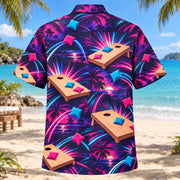 Back view of Neon Burst Cornhole Hawaiian Shirt with matching cornhole artwork in dark plum, hot pink, cyan, warm white