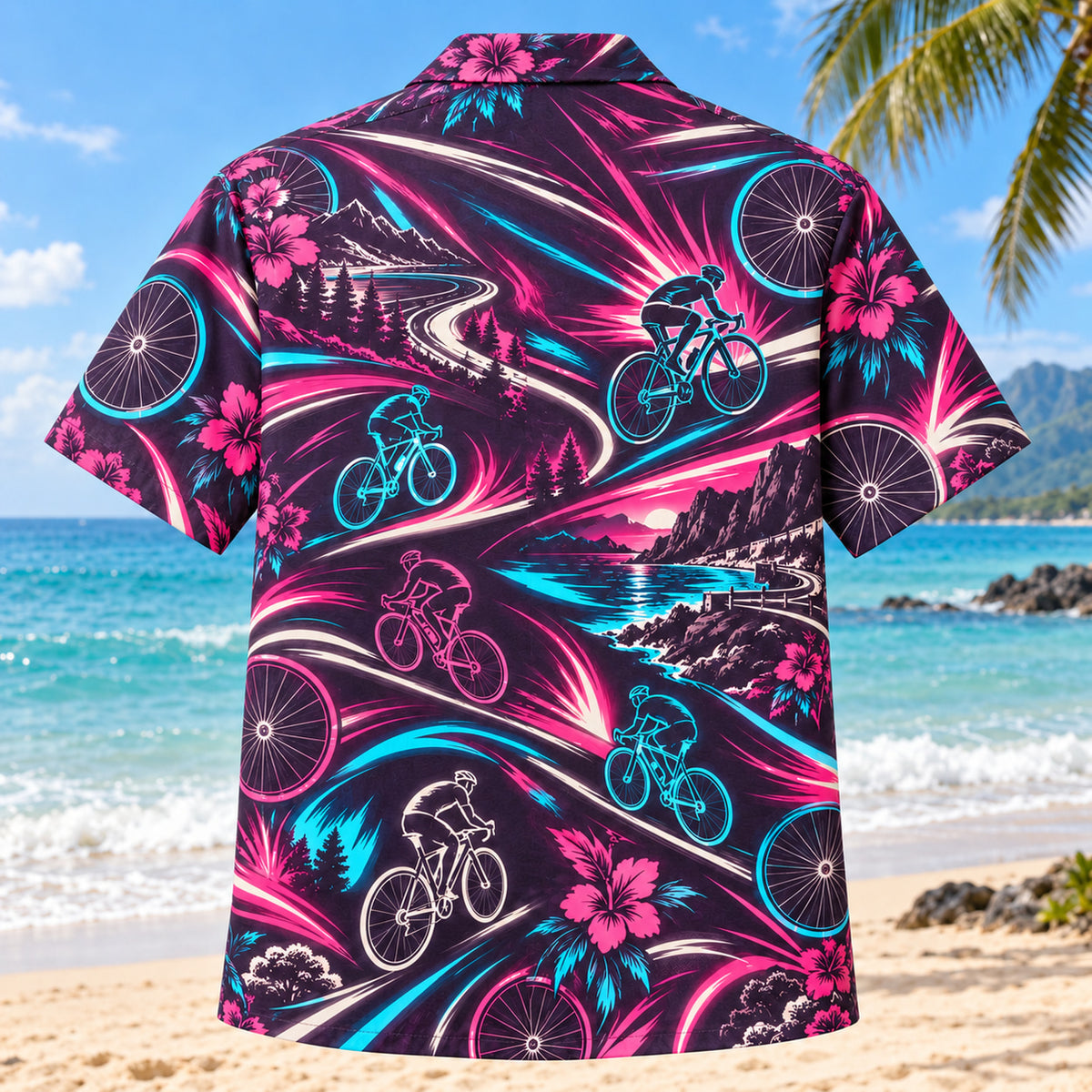 Back view of Neon Burst Cycling Hawaiian Shirt with matching cycling artwork in dark plum, hot pink, cyan, warm white