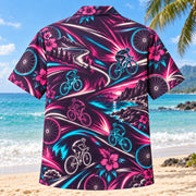 Back view of Neon Burst Cycling Hawaiian Shirt with matching cycling artwork in dark plum, hot pink, cyan, warm white