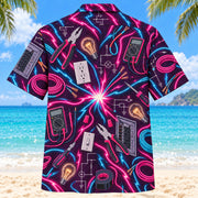 Back view of Neon Burst Electrician Hawaiian Shirt with matching electrician artwork in dark plum, hot pink, cyan, warm white