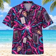 Front view of Neon Burst Electrician Hawaiian Shirt with radiating neon flashes, dynamic curves and accurate pliers, wire, multimeters and original electrical diagrams