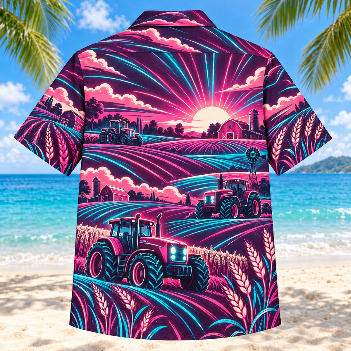 Back view of Neon Burst Farmer and Tractor Hawaiian Shirt with matching farmer and tractor artwork in dark plum, hot pink, cyan, warm white