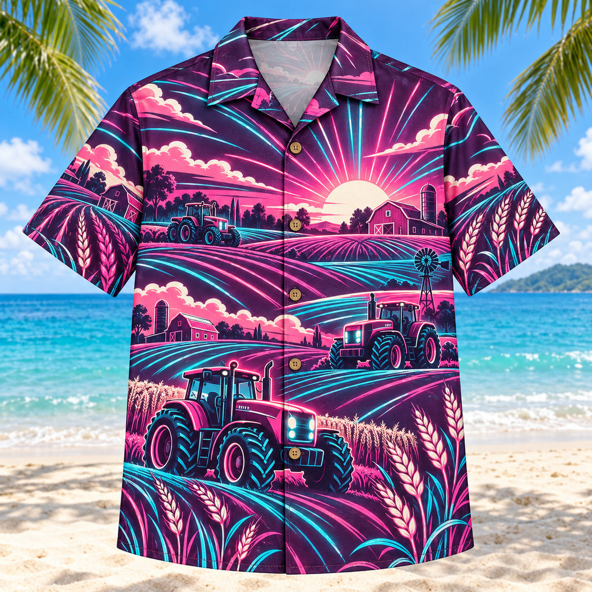 Front view of Neon Burst Farmer and Tractor Hawaiian Shirt with radiating neon flashes, dynamic curves and generic tractors, fields, wheat, barns and crops