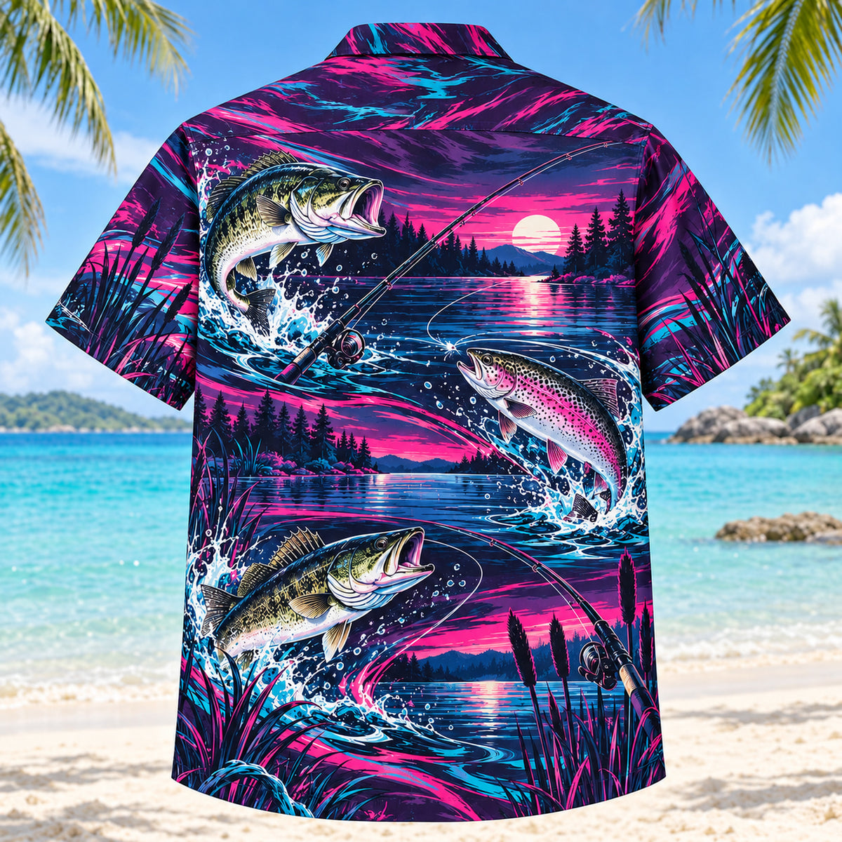 Back view of Neon Burst Freshwater Fishing Hawaiian Shirt with matching freshwater fishing artwork in dark plum, hot pink, cyan, warm white