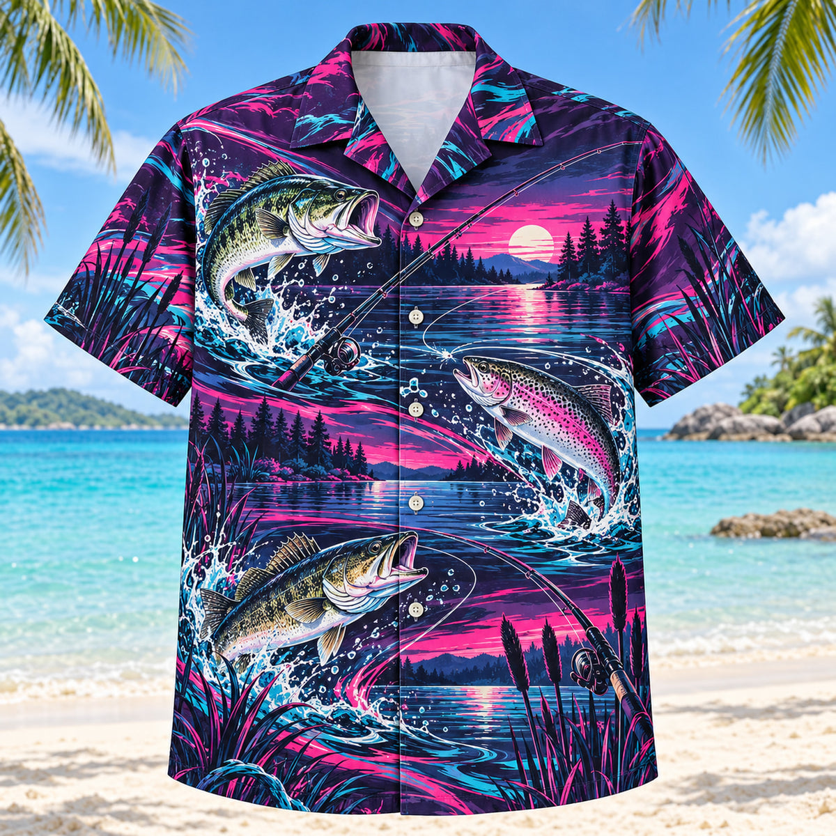 Front view of Neon Burst Freshwater Fishing Hawaiian Shirt with radiating neon flashes, dynamic curves and original bass, trout and walleye illustrations, plain rods, lake ripples and reeds