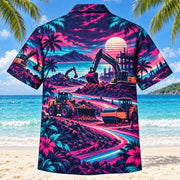 Back view of Neon Burst Heavy Equipment Operator Hawaiian Shirt with matching heavy equipment operator artwork in dark plum, hot pink, cyan, warm white