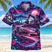Front view of Neon Burst Heavy Equipment Operator Hawaiian Shirt with radiating neon flashes, dynamic curves and generic excavators, rollers, buckets and original construction scenes