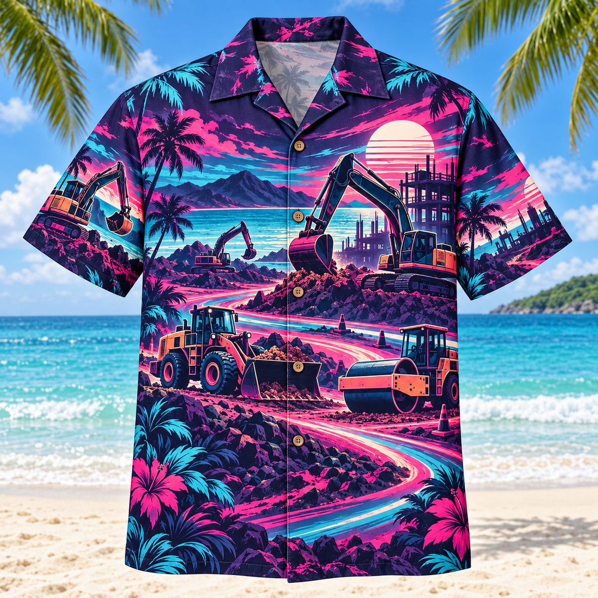 Front view of Neon Burst Heavy Equipment Operator Hawaiian Shirt with radiating neon flashes, dynamic curves and generic excavators, rollers, buckets and original construction scenes