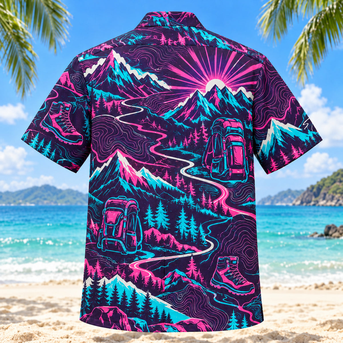 Back view of Neon Burst Hiking and Backpacking Hawaiian Shirt with matching hiking and backpacking artwork in dark plum, hot pink, cyan, warm white