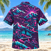 Back view of Neon Burst Hiking and Backpacking Hawaiian Shirt with matching hiking and backpacking artwork in dark plum, hot pink, cyan, warm white