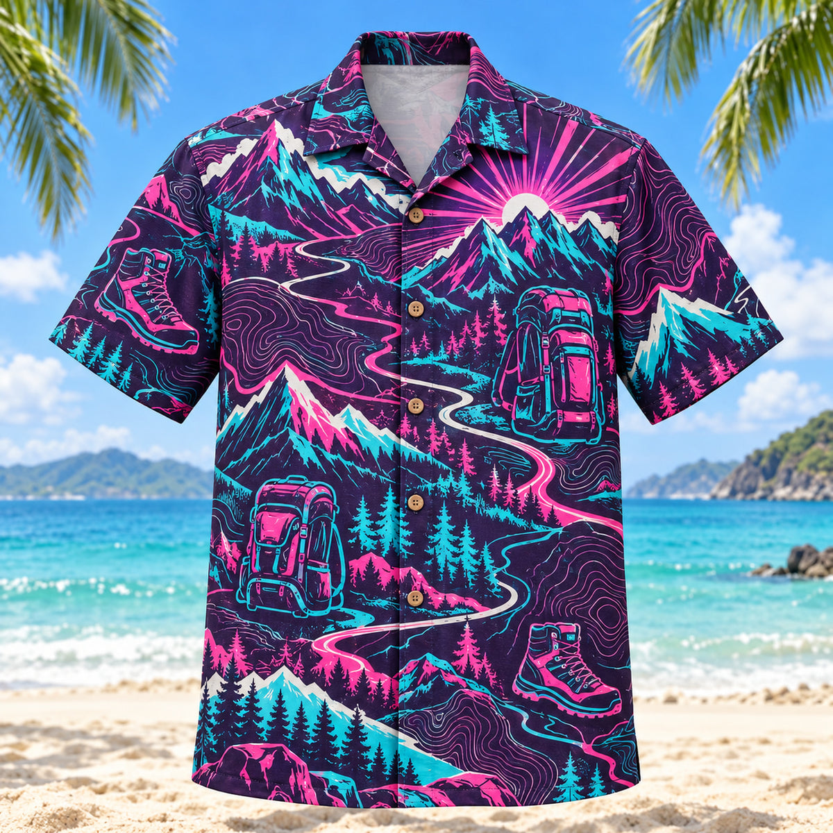Front view of Neon Burst Hiking and Backpacking Hawaiian Shirt with radiating neon flashes, dynamic curves and generic hiking boots, backpacks, winding trails, original contour lines and mountains