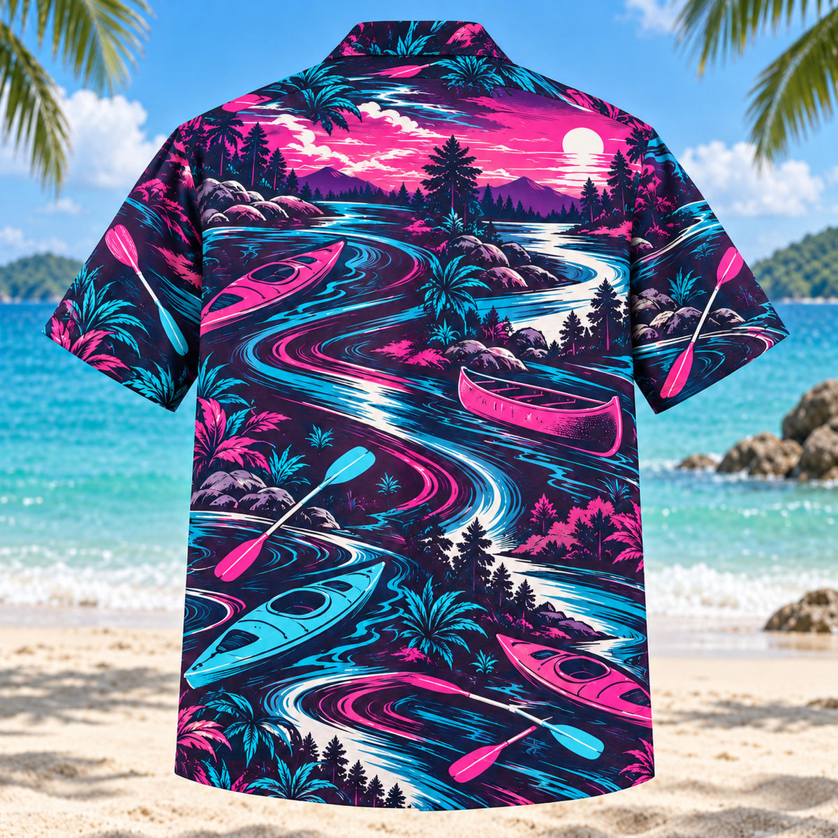 Back view of Neon Burst Kayak and Canoe Hawaiian Shirt with matching kayak and canoe artwork in dark plum, hot pink, cyan, warm white