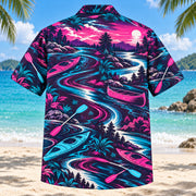 Back view of Neon Burst Kayak and Canoe Hawaiian Shirt with matching kayak and canoe artwork in dark plum, hot pink, cyan, warm white