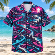 Front view of Neon Burst Kayak and Canoe Hawaiian Shirt with radiating neon flashes, dynamic curves and plain kayaks, canoes, paddles, river bends and bankside plants