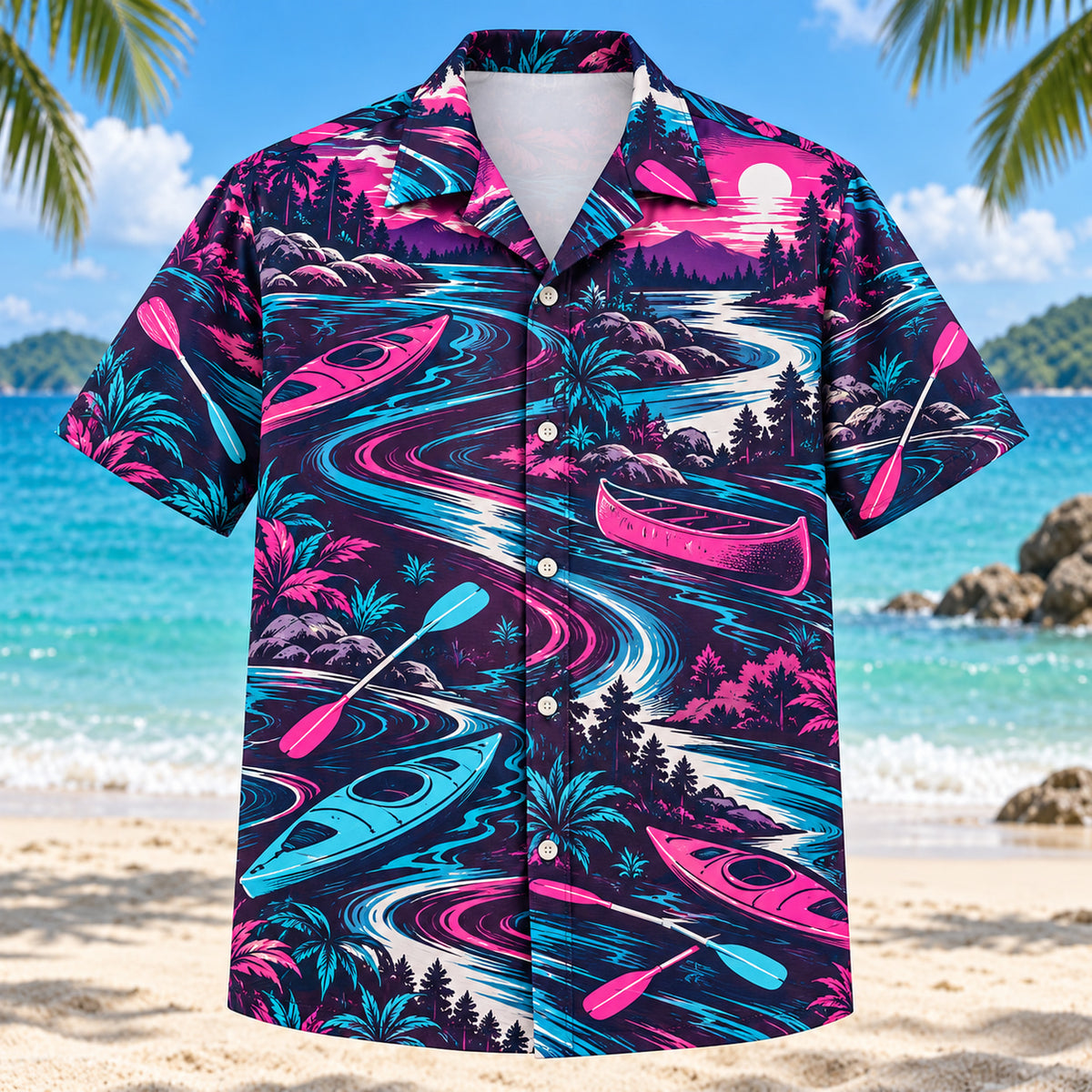 Front view of Neon Burst Kayak and Canoe Hawaiian Shirt with radiating neon flashes, dynamic curves and plain kayaks, canoes, paddles, river bends and bankside plants