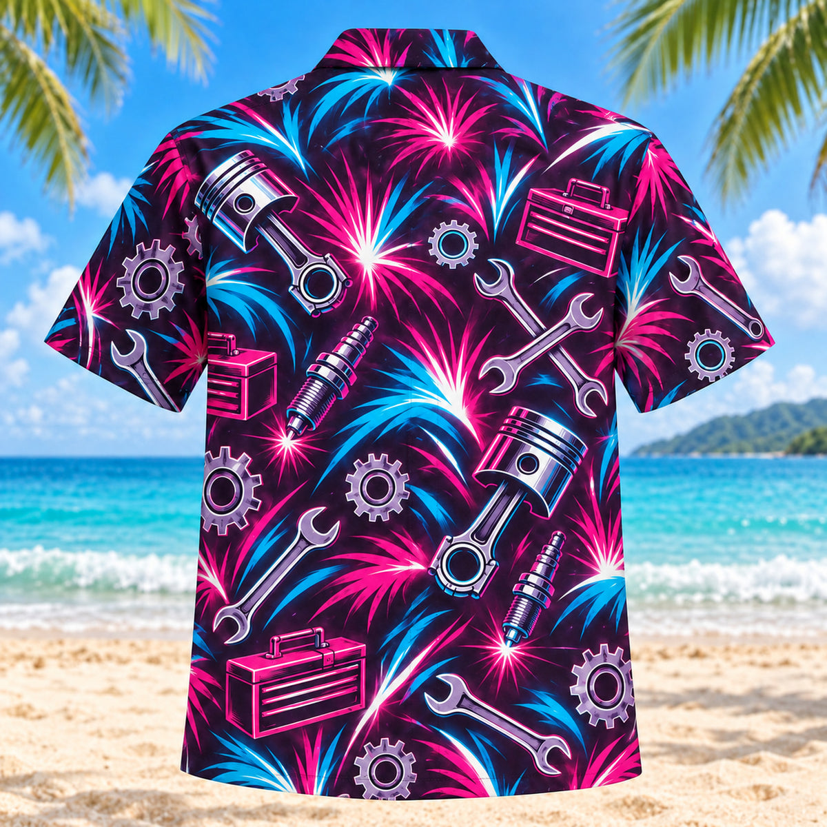 Back view of Neon Burst Mechanic Hawaiian Shirt with matching mechanic artwork in dark plum, hot pink, cyan, warm white