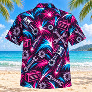Back view of Neon Burst Mechanic Hawaiian Shirt with matching mechanic artwork in dark plum, hot pink, cyan, warm white