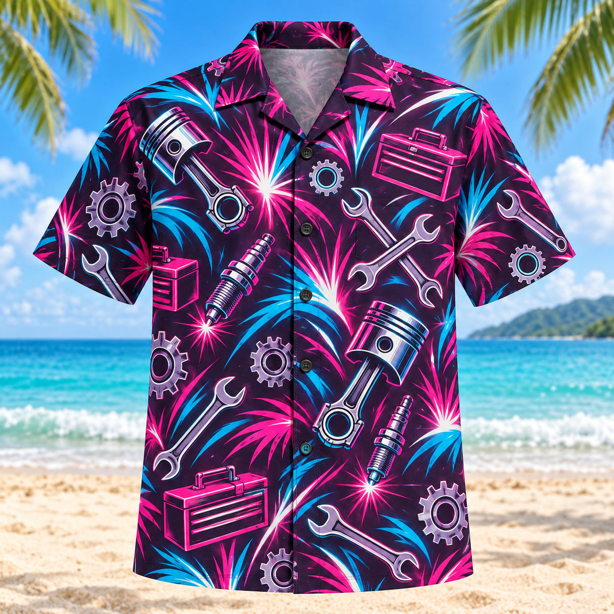 Front view of Neon Burst Mechanic Hawaiian Shirt with radiating neon flashes, dynamic curves and generic pistons, spark plugs, wrenches, toolboxes and gears