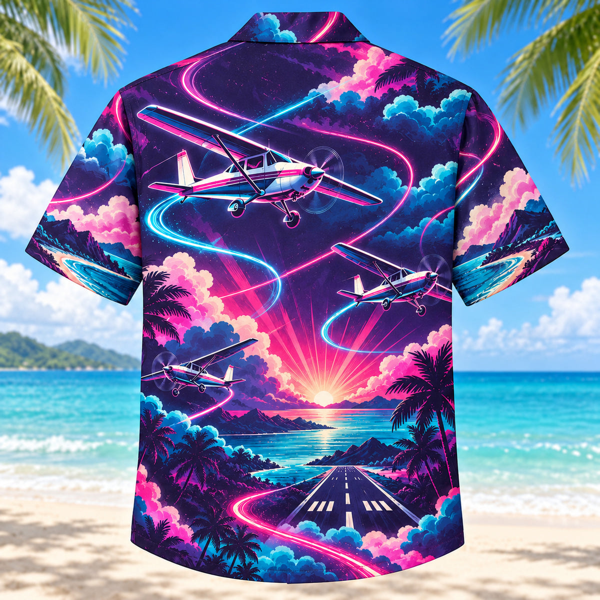 Back view of Neon Burst Pilot and Aviation Hawaiian Shirt with matching pilot and aviation artwork in dark plum, hot pink, cyan, warm white