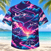 Back view of Neon Burst Pilot and Aviation Hawaiian Shirt with matching pilot and aviation artwork in dark plum, hot pink, cyan, warm white