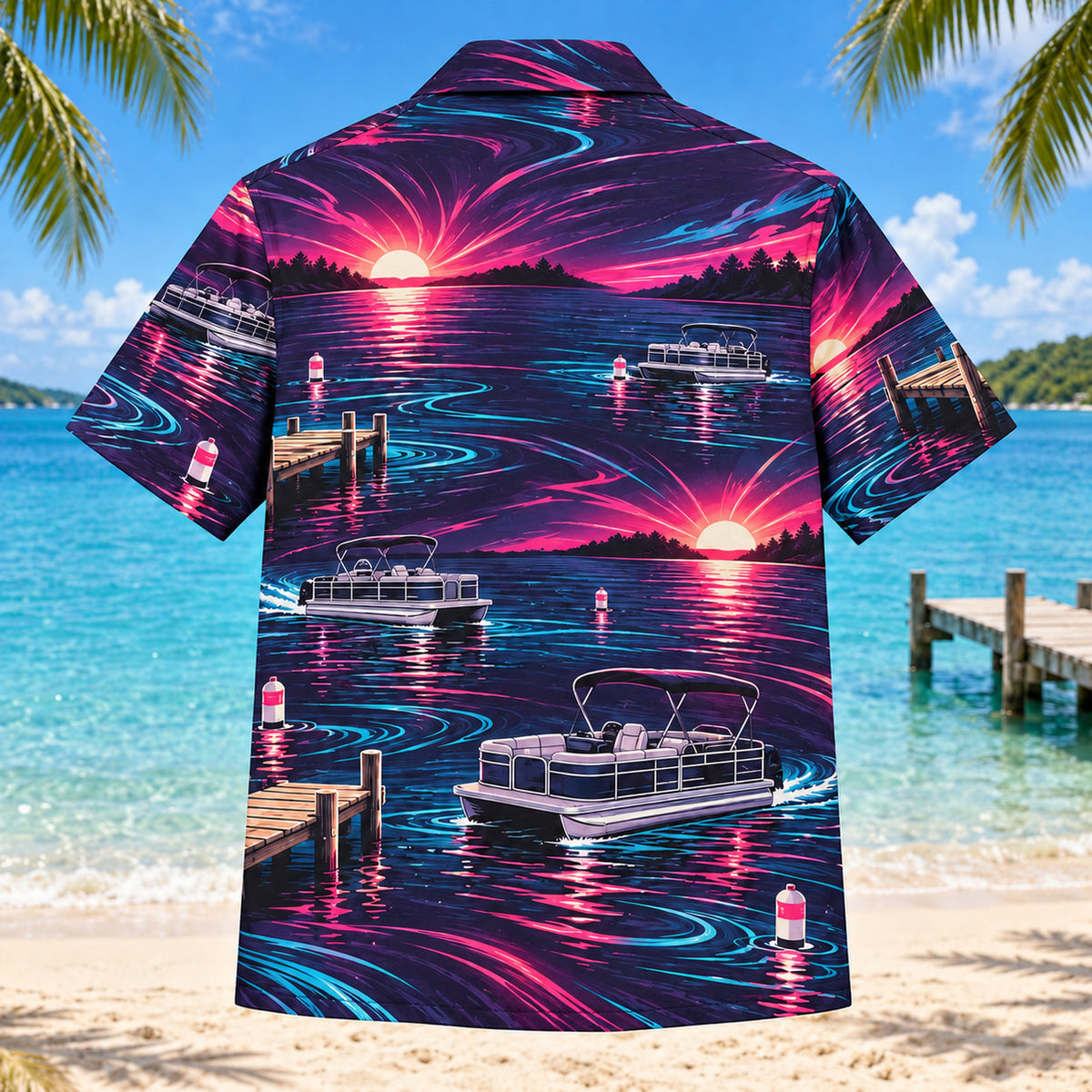 Back view of Neon Burst Pontoon Boating Hawaiian Shirt with matching pontoon boating artwork in dark plum, hot pink, cyan, warm white