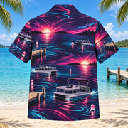 Back view of Neon Burst Pontoon Boating Hawaiian Shirt with matching pontoon boating artwork in dark plum, hot pink, cyan, warm white