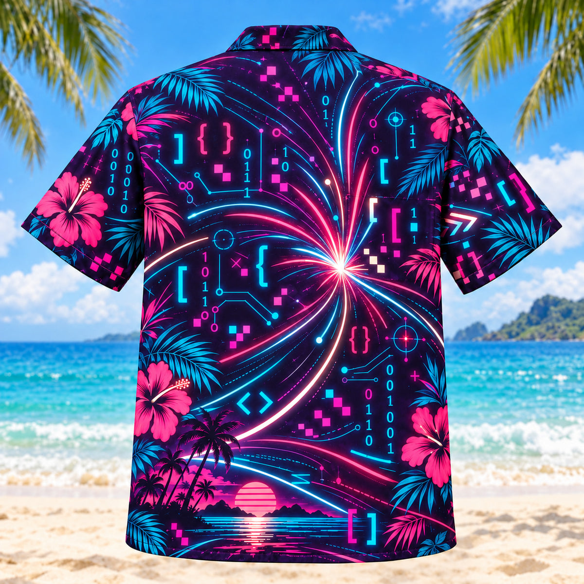 Back view of Neon Burst Programmer Hawaiian Shirt with matching programmer artwork in dark plum, hot pink, cyan, warm white