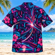 Back view of Neon Burst Programmer Hawaiian Shirt with matching programmer artwork in dark plum, hot pink, cyan, warm white